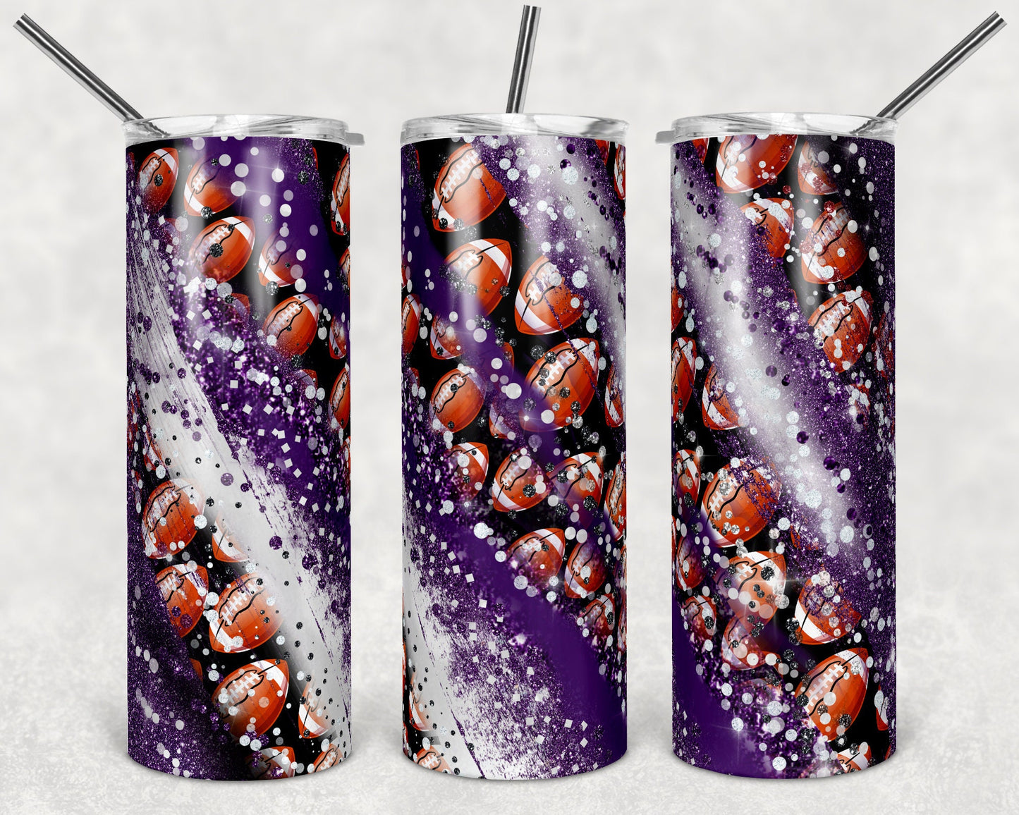 20 oz Skinny Tumbler Sublimation Template Milky Way Football Purple White Straight Warped Design