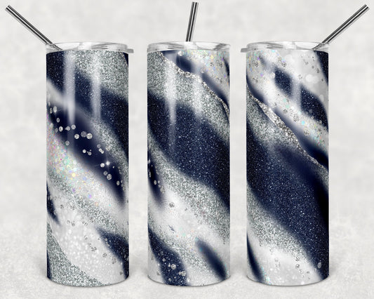 20 oz Skinny Tumbler Sublimation Template Agate Milky Way Blue Silver White Straight Glitter Design