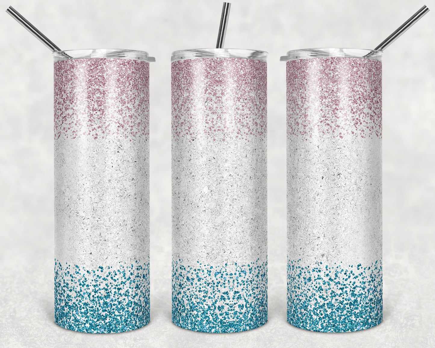 20 oz Skinny Tumbler Sublimation Glitter Pink Blue Confetti Ombre White Center Straight Design