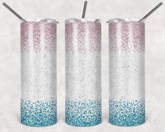 20 oz Skinny Tumbler Sublimation Glitter Pink Blue Confetti Ombre White Center Straight Design