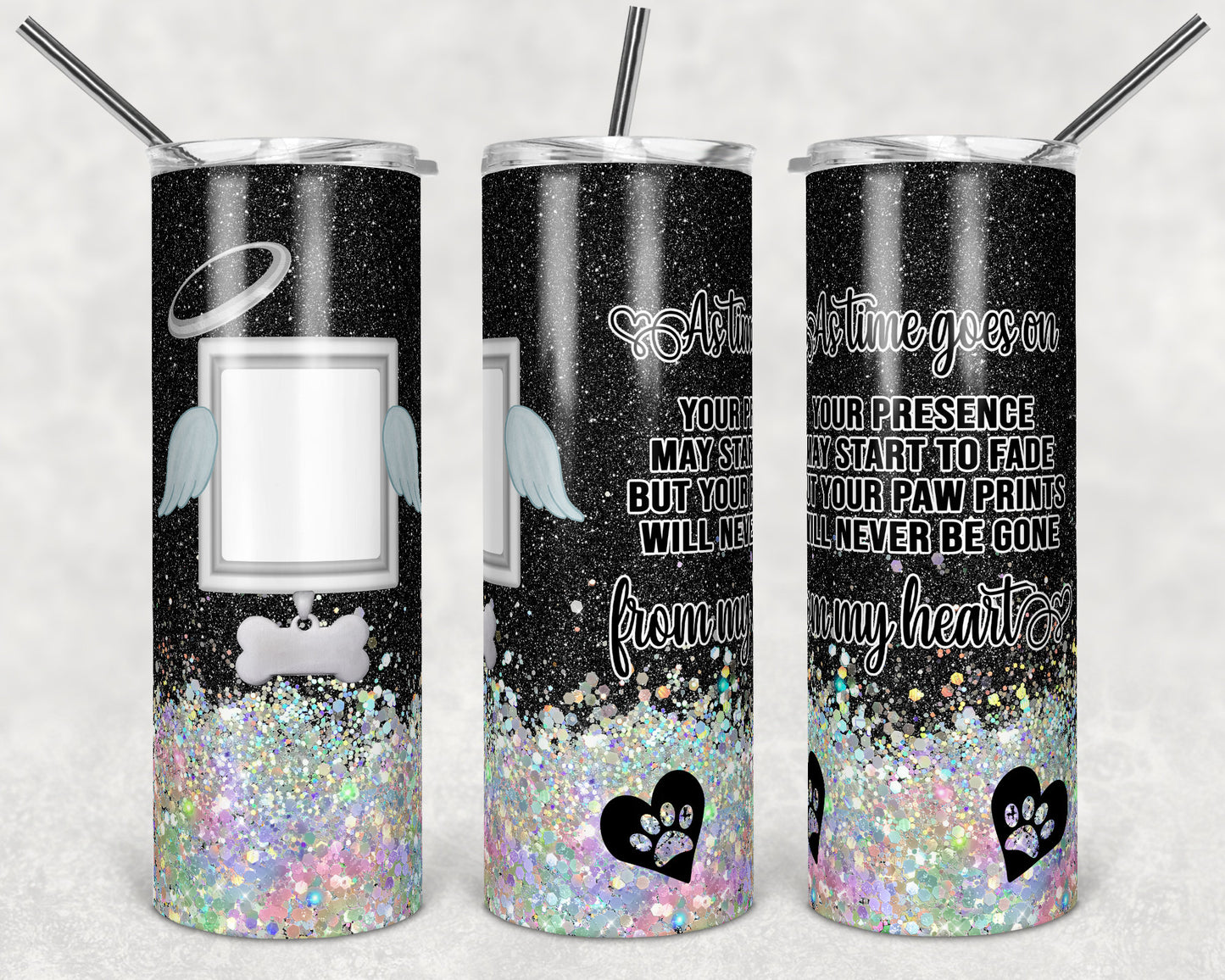 20 oz Skinny Tumbler Dog Memorial Picture Frame Black Holographic Faux Glitter Tumbler photo Sublimation Design