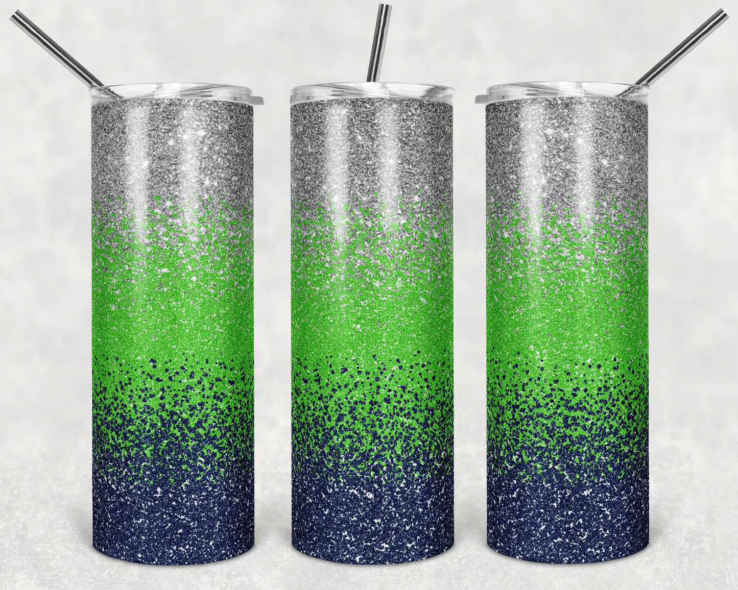 20 oz Skinny Tumbler Sublimation Design Template Glitter Ombre Silver Green Navy Straight Design