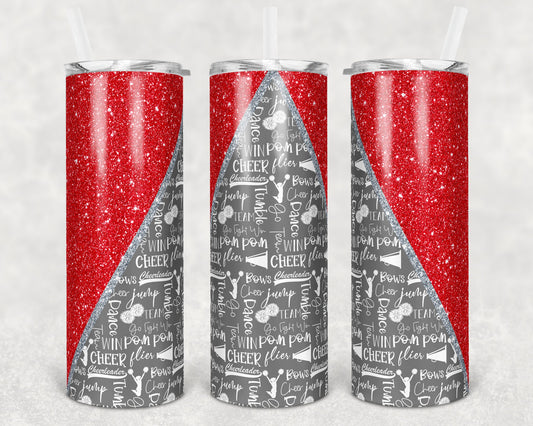 20 oz Skinny Tumbler Cheer Red Gray Glitter Cheer Cheerleading Sublimation Design