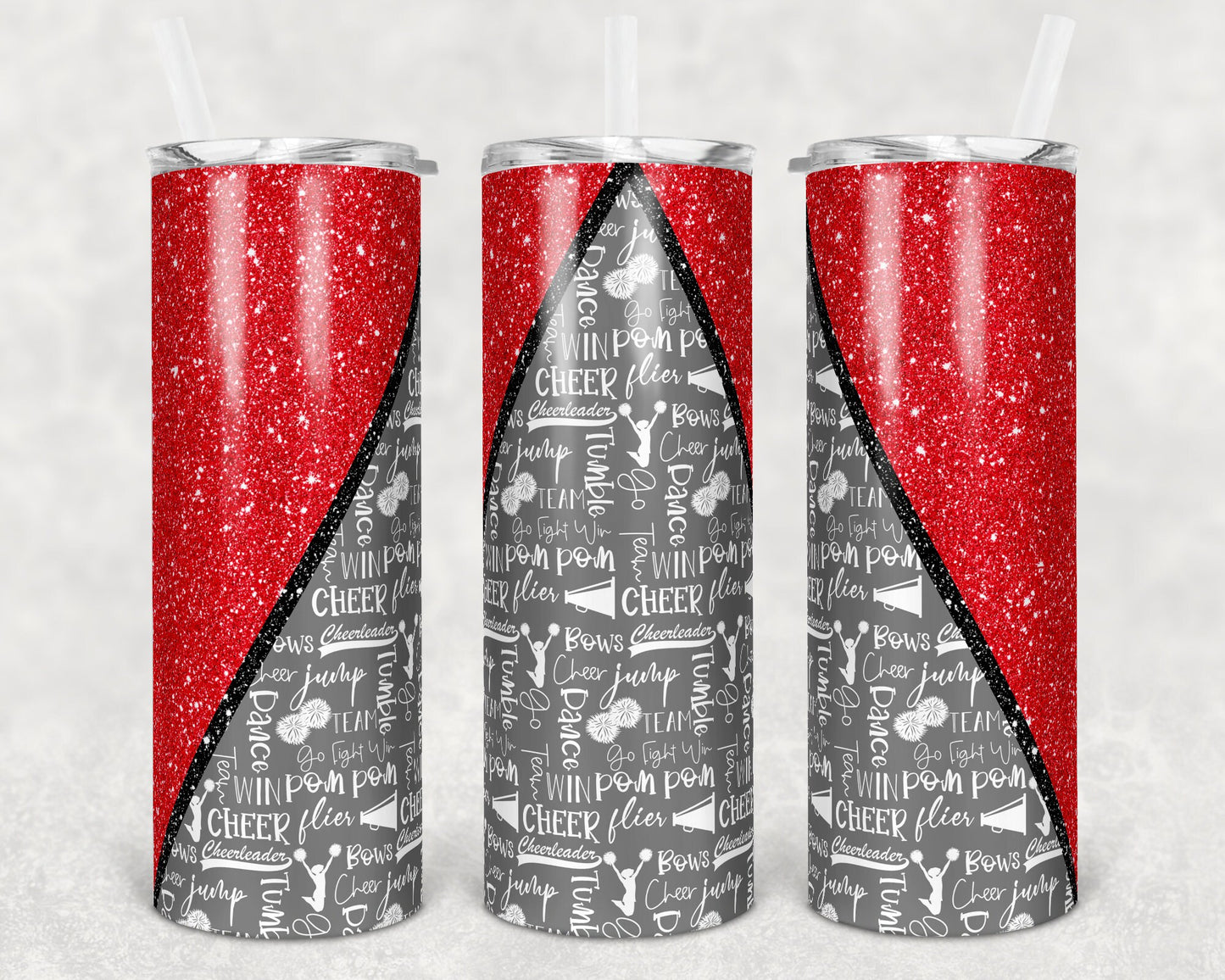 20 oz Skinny Tumbler Cheer Red Gray Glitter Cheer Cheerleading Sublimation Design