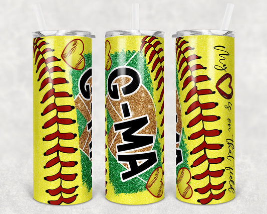 20 oz Skinny Tumbler Softball G-Ma Glitter Heart on Field Laces Sublimation Design Template Design
