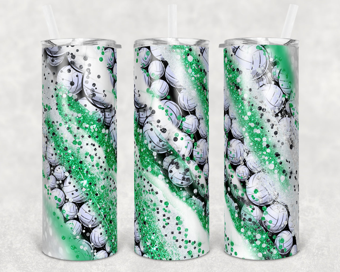 20 oz Skinny Tumbler Sublimation Template Milky Way Glitter Spo Volleyball Green White Straight Warped Design