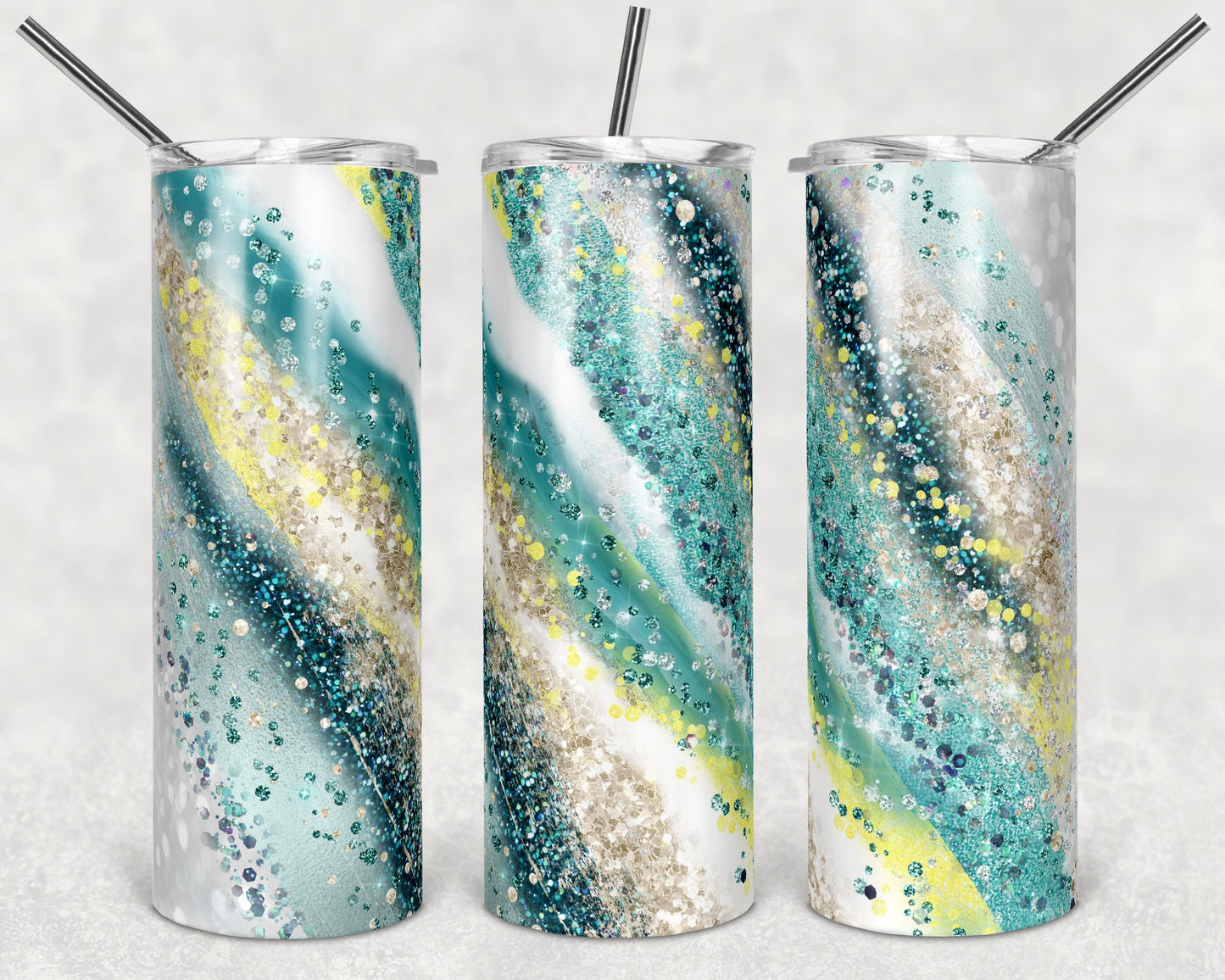 20 oz Skinny Tumbler Sublimation Template Agate Milky Way Teal Mint Yellow Straight Design