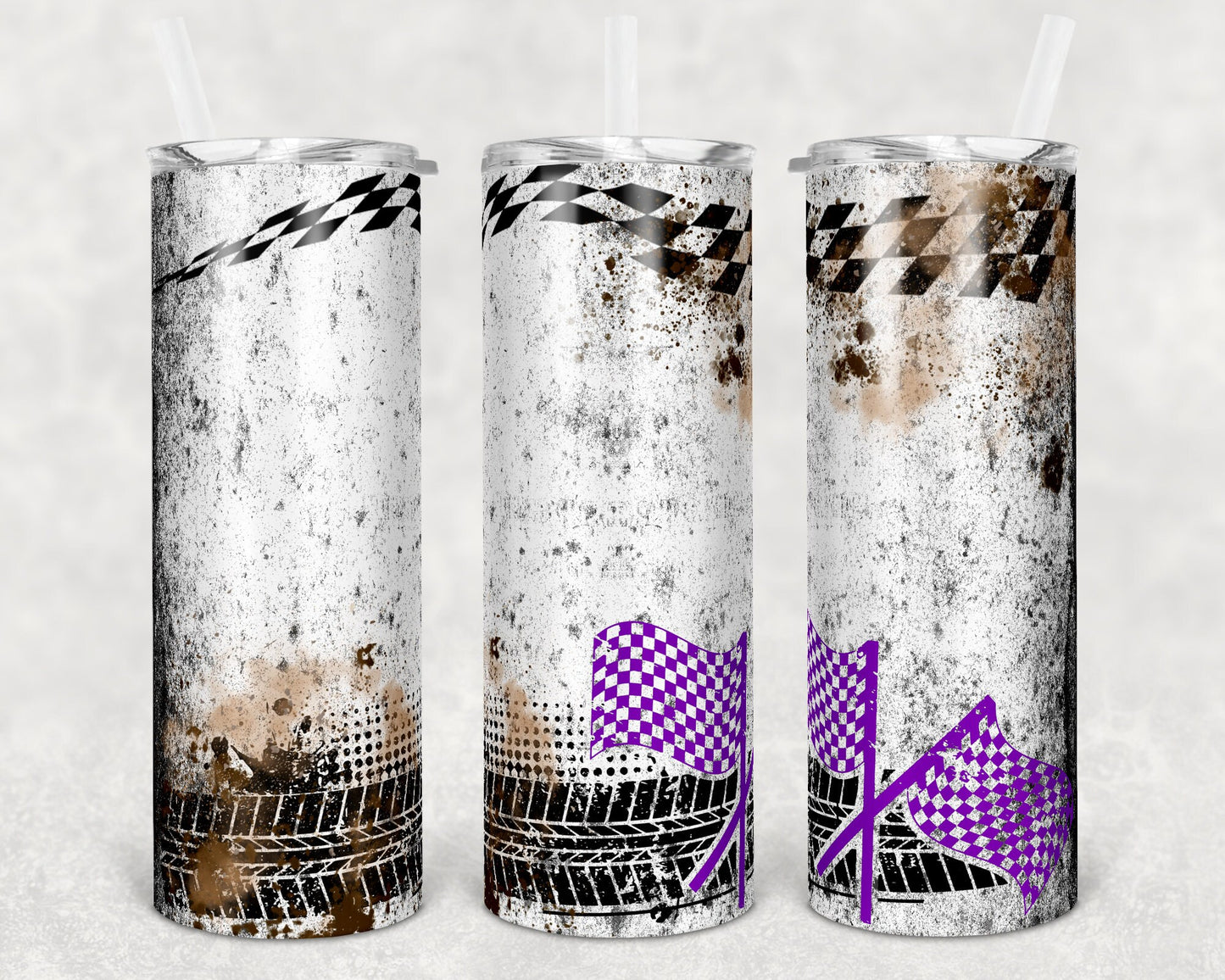 20 oz Skinny Tumbler Sublimation Design Racing Race Brown Splatter Purple Checkered Flag Tumbler