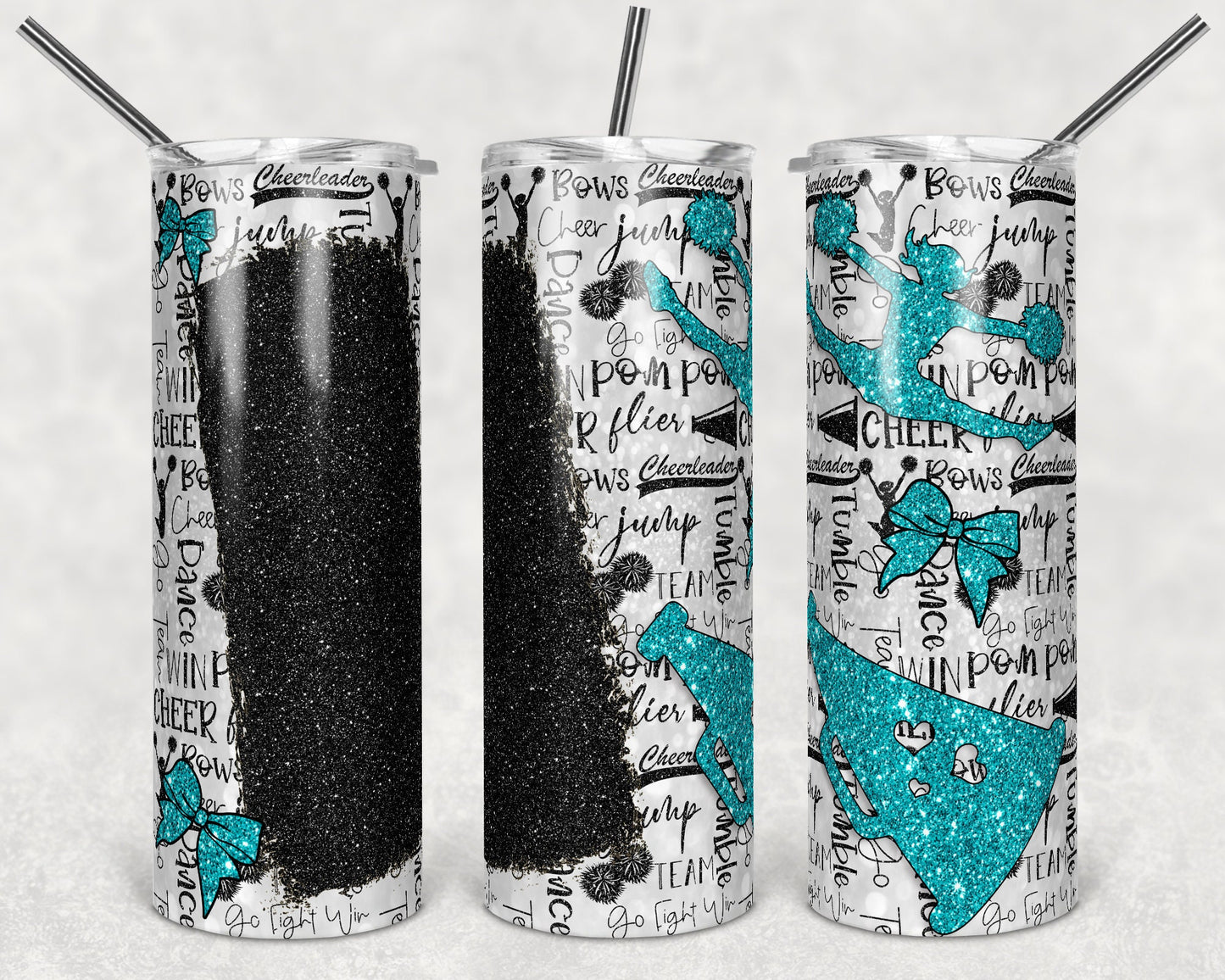 20 oz Skinny Tumbler Cheer Blank for Name Glitter Teal Black Sublimation Design