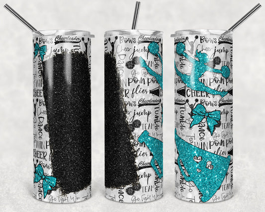 20 oz Skinny Tumbler Cheer Blank for Name Glitter Teal Black Sublimation Design