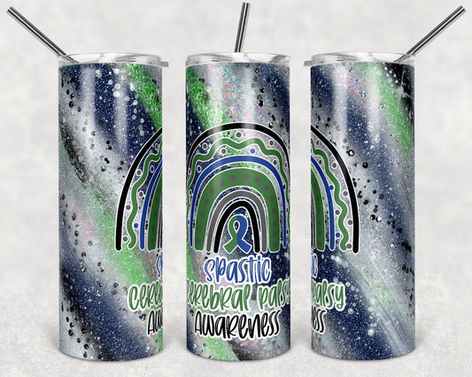 20 oz Skinny Tumbler Sublimation Glitter Spastic Cerebral Palsy Awareness Straight and Warped Design