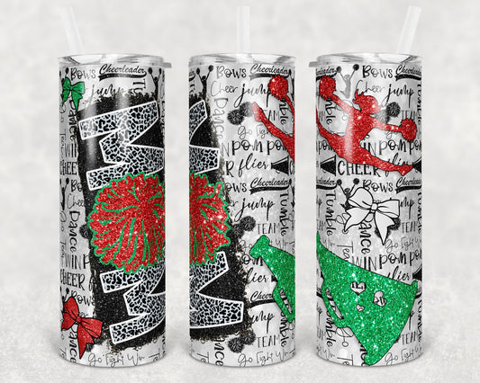 20 oz Skinny Tumbler Cheer Mom Glitter Red Green White Sublimation Design Print Transfer