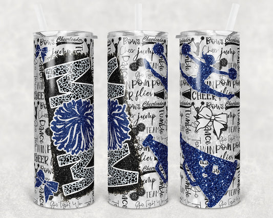 20 oz Skinny Tumbler Cheer Mom Glitter Blue White Sublimation Design Print Transfer