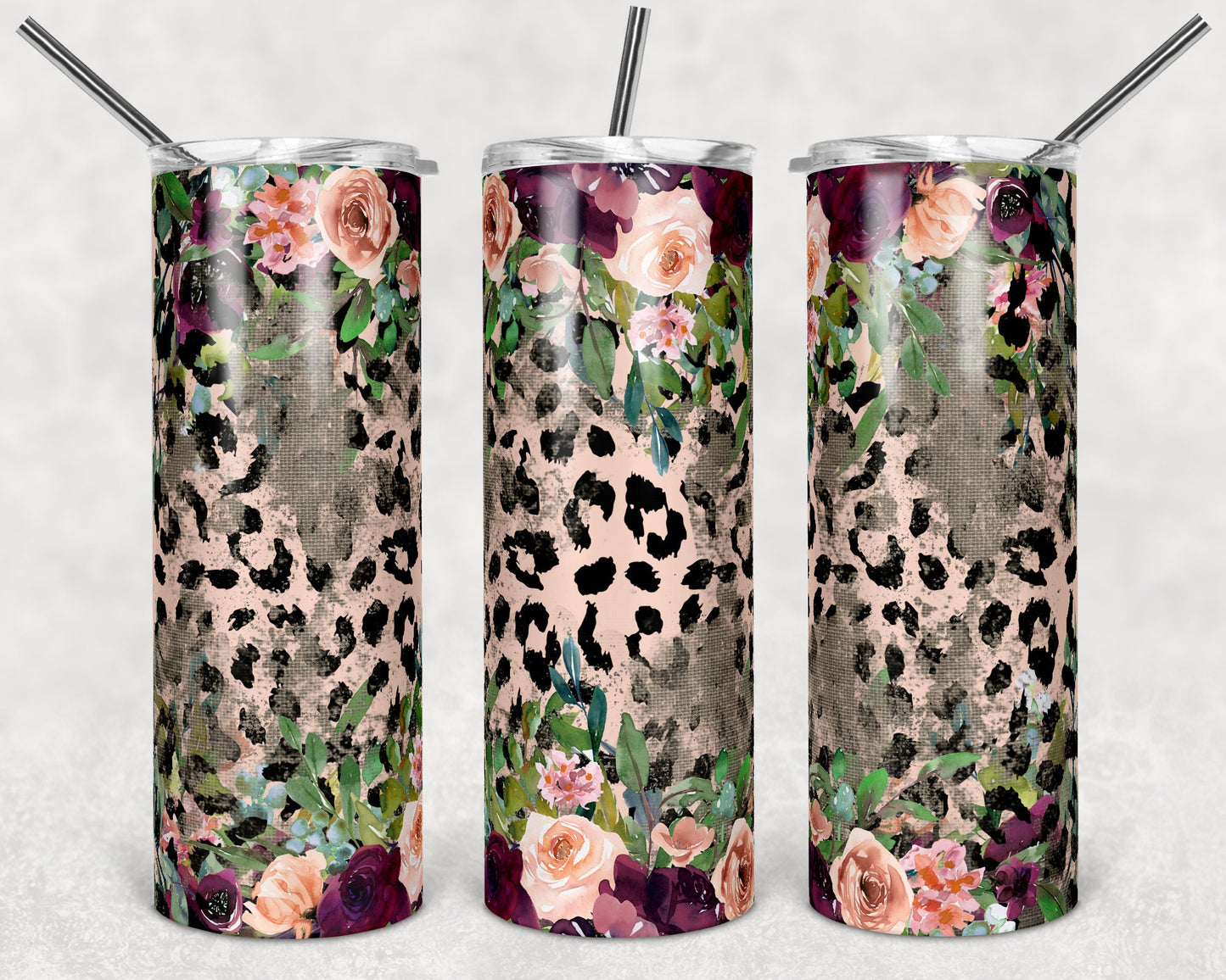 20 oz Skinny Tumbler Leopard Floral Burlap Grunge peach maroon Sublimation Design tumblers