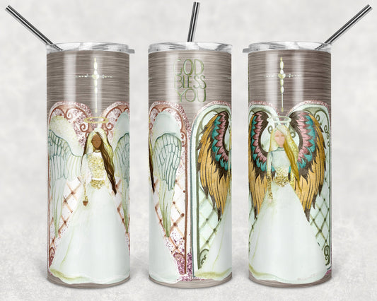 20 oz Skinny Tumbler Angel Tumbler with cathedral windows Wings Glitter and faux metal Sublimation Design