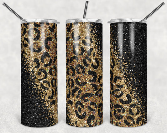 20 oz Skinny Tumbler Sublimation Design Template Glitter Gold Black Diagonal Leopard Straight and Warped Design