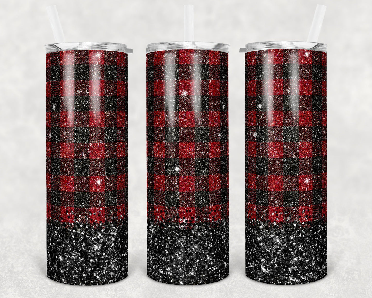 20 oz Skinny Tumbler Sublimation Design Template Buffalo Plaid Glitter Overlay Design