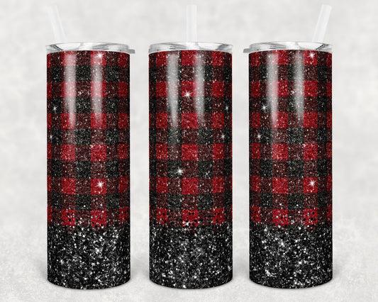 20 oz Skinny Tumbler Sublimation Design Template Buffalo Plaid Glitter Overlay Design