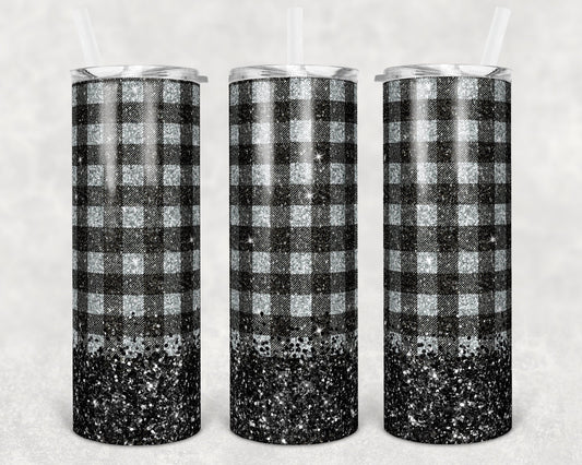 20 oz Skinny Tumbler Sublimation Design Template Silver Buffalo Plaid Glitter Overlay Design
