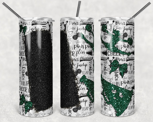 20 oz Skinny Tumbler Cheer Blank for Name Glitter Dark Green Black Sublimation Design