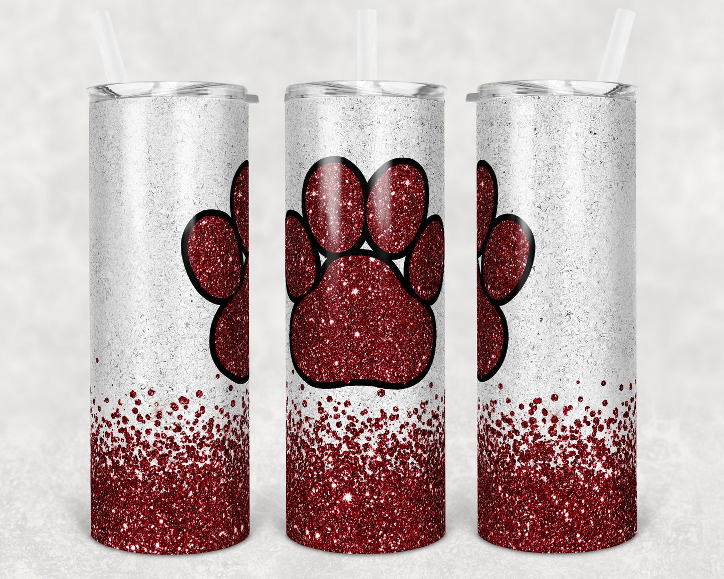 20 oz Skinny Tumbler Sublimation Template Maroon Glitter Paw Straight and Warped Design