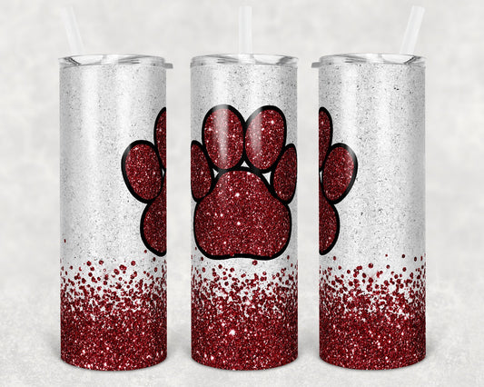 20 oz Skinny Tumbler Sublimation Template Maroon Glitter Paw Straight and Warped Design