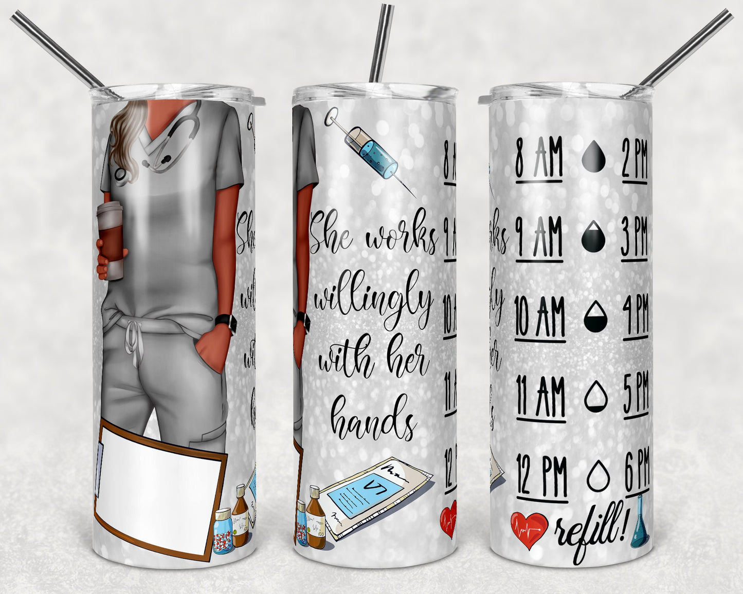 20 oz Skinny Tumbler Sublimation Design Template Glitter Nurse Scrub Top Water Measurement Inst brunette