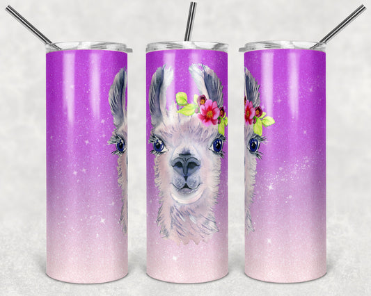 20 oz Skinny Tumbler Sublimation Purple Glitter Ombre Llama Design