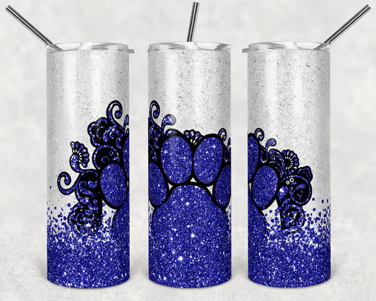 20 oz Skinny Tumbler Sublimation Template Blue Glitter Paw Scroll Straight and Warped Design