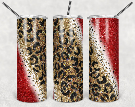 20 oz Skinny Tumbler Sublimation Design Template Glitter Gold Red Diagonal Leopard Straight and Warped Design