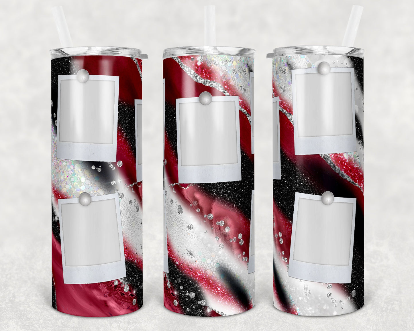 20 oz Skinny Tumbler Red Black Milkyway Glitter Agate 5 Photo Picture Sublimation Design