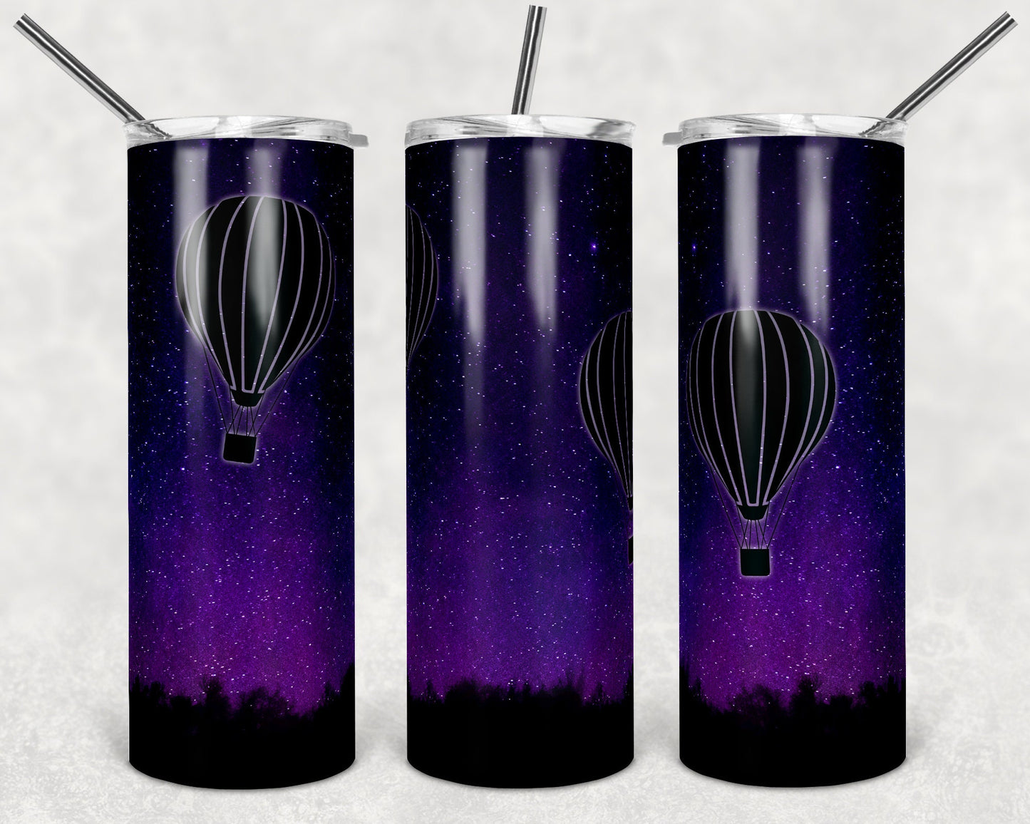 20 oz Skinny Tumbler Sublimation Design Galaxy Night Sky Hot Air Balloon Silhouette tumblers