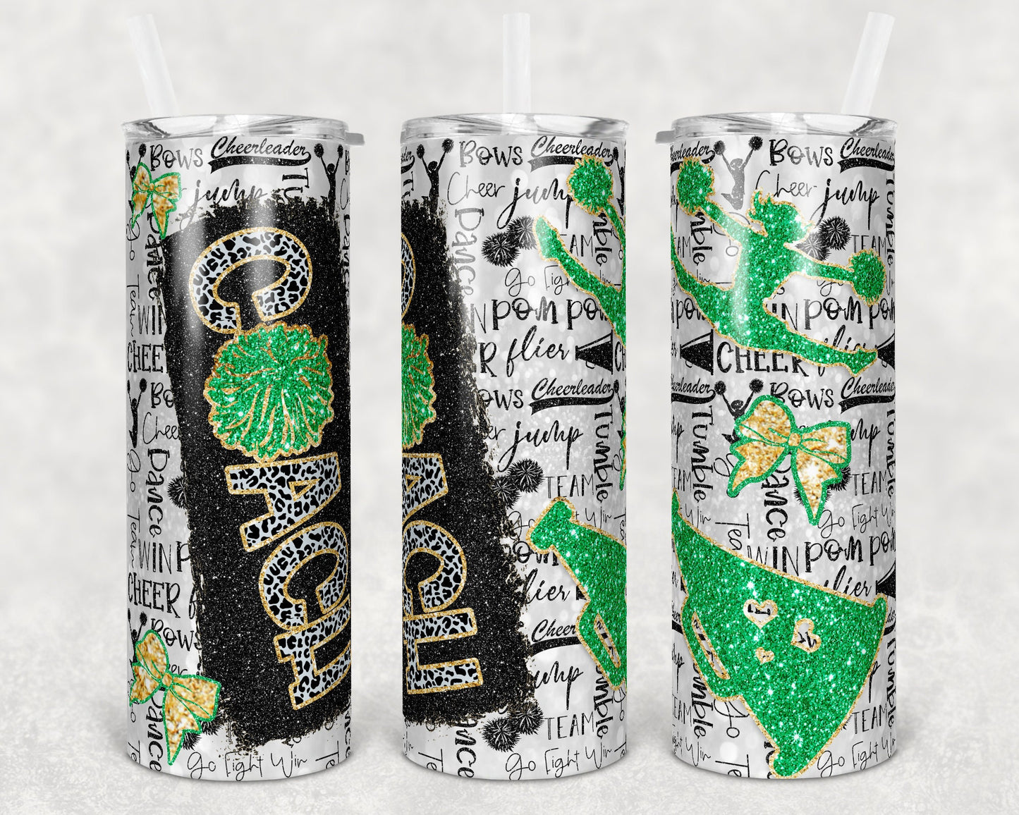 20 oz Skinny Tumbler Cheer Coach Green Gold Glitter Leopard and Black Sublimation Design