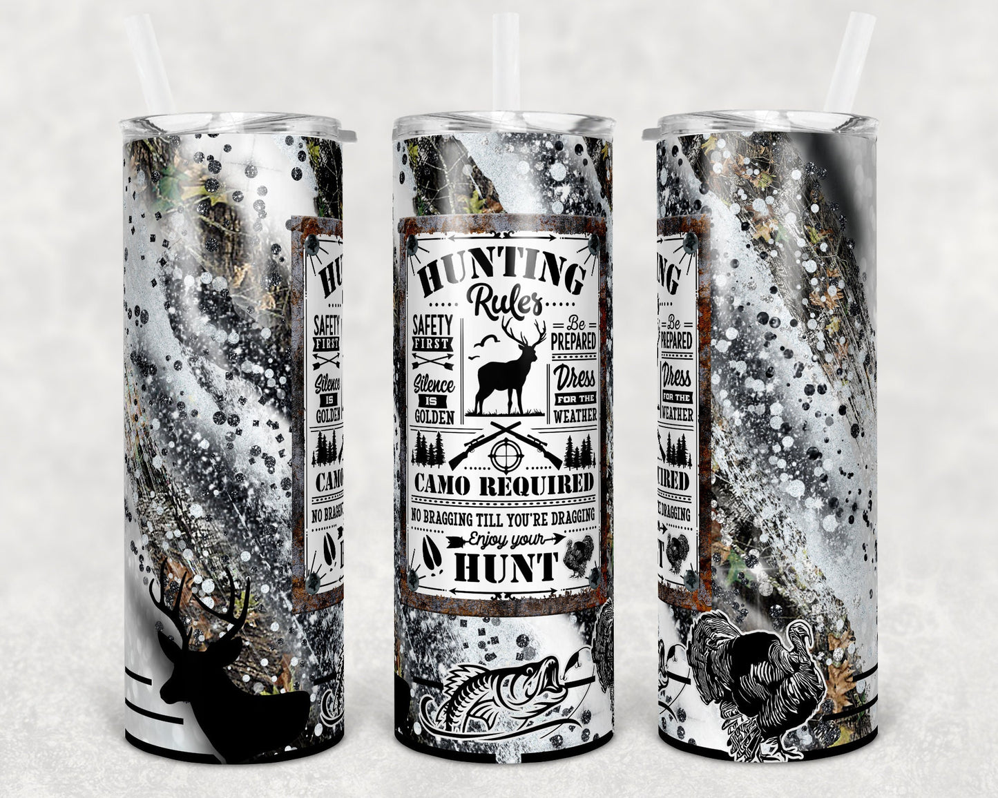 20 oz Skinny Tumbler Milky way Vintage Sign Hunting Rules Deer Turkey Fish Hunt Glitter Sublimation Design