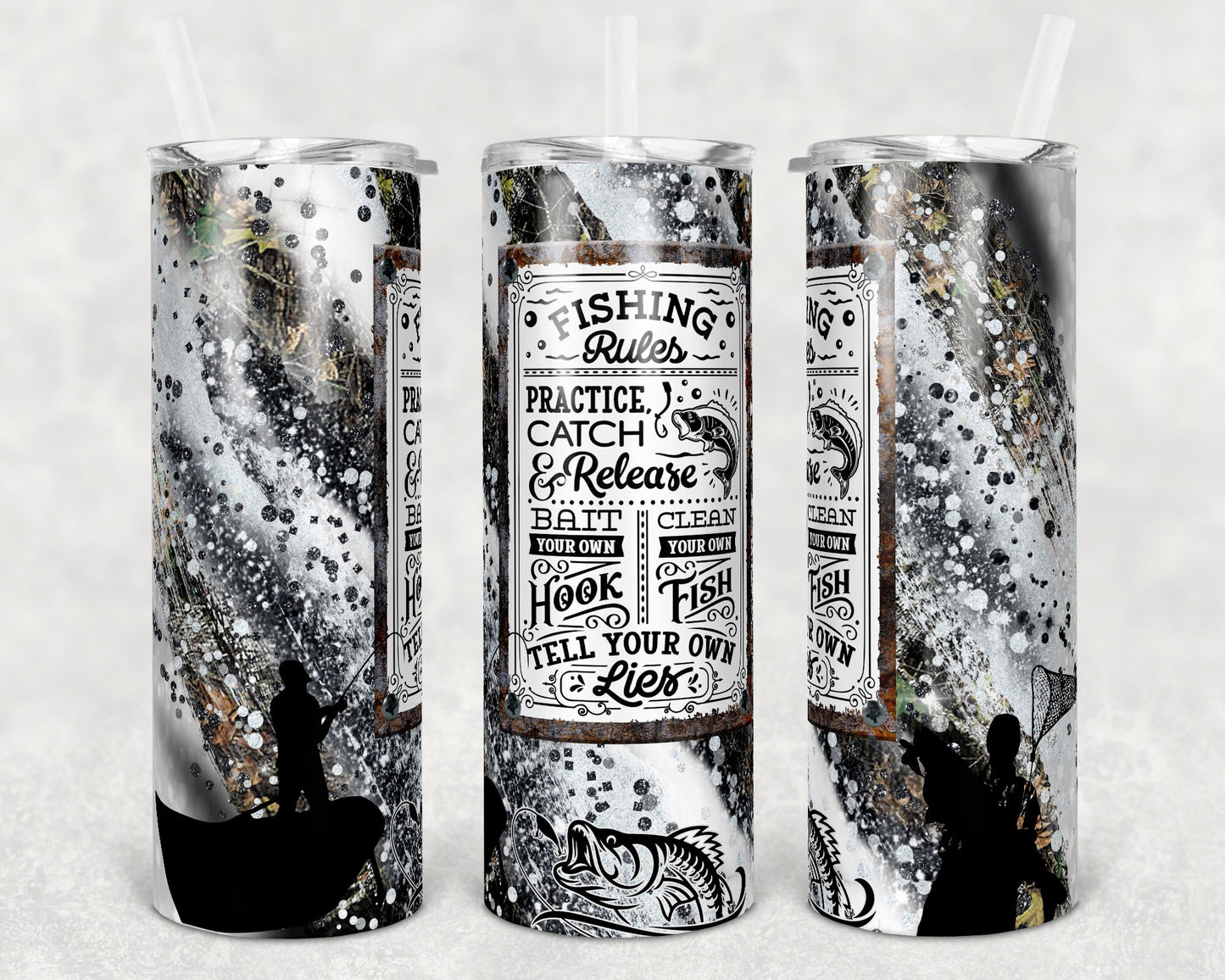 20 oz Skinny Tumbler Milky way Vintage Sign Fishing Rules Fish Fishing Glitter Sublimation Design