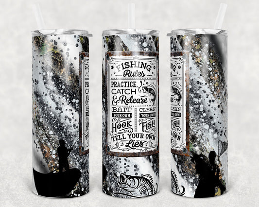 20 oz Skinny Tumbler Milky way Vintage Sign Fishing Rules Fish Fishing Glitter Sublimation Design