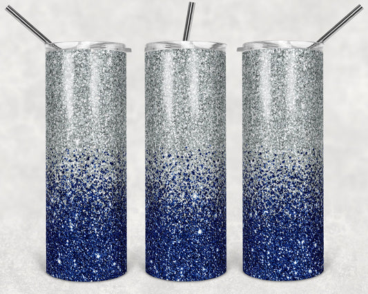 20 oz Skinny Tumbler Sublimation Design Template Glitter Ombre Blue Silver color Straight Design