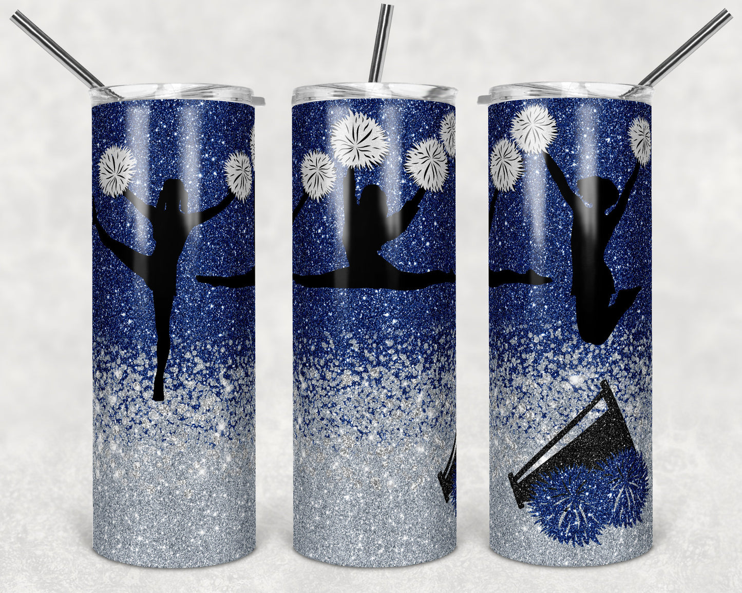 20 oz Skinny Tumbler Cheer Blue Silver Glitter Sublimation Design Print Transfer