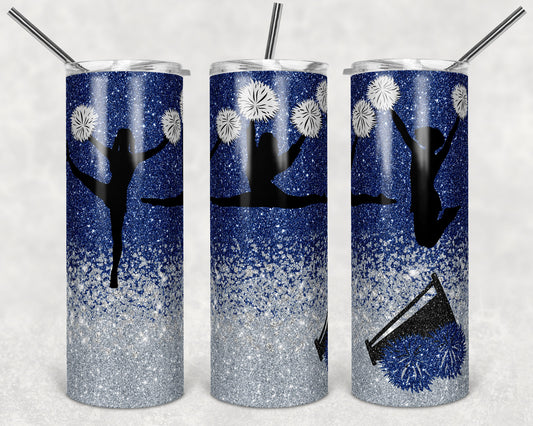 20 oz Skinny Tumbler Cheer Blue Silver Glitter Sublimation Design Print Transfer