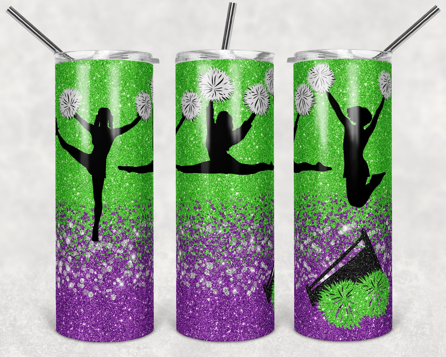 20 oz Skinny Tumbler Cheer Green Purple Glitter Sublimation Design Print Transfer