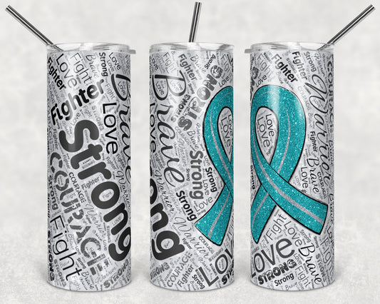 20 oz Skinny Tumbler Sublimation Glitter Awareness Ribbon Word Art Food Allergy Teal Straight Design