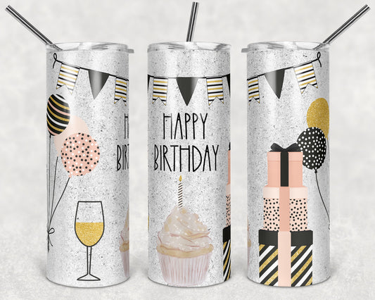 20 oz Skinny Tumbler Sublimation Glitter Birthday blank and Happy Birthday Straight and Warped Design