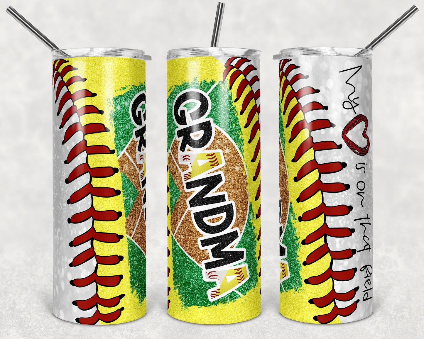 20 oz Skinny Tumbler Softball Baseball Grandma Glitter Heart on Field Laces Sublimation Design