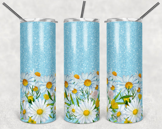 20 oz Skinny Tumbler Floral Blue Glitter Daisies Sublimation Design Print Transfer