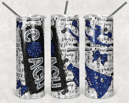 20 oz Skinny Tumbler Cheer Coach Navy Blue Glitter Leopard and Black Sublimation Design