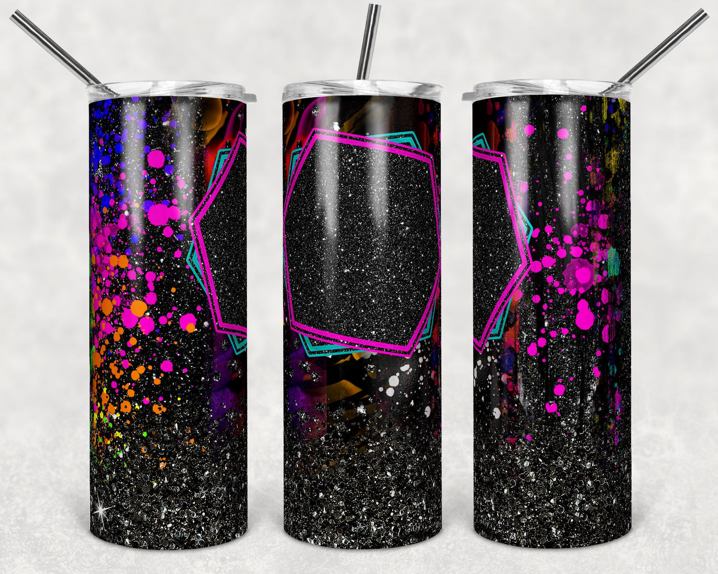 20 oz Skinny Tumbler Sublimation Template bright neon splatter and black glitter name plate Straight Design