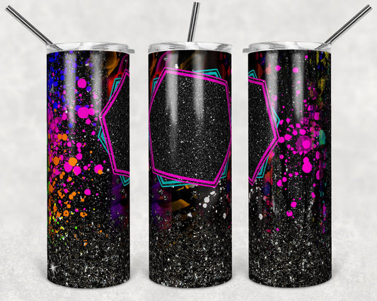 20 oz Skinny Tumbler Sublimation Template bright neon splatter and black glitter name plate Straight Design