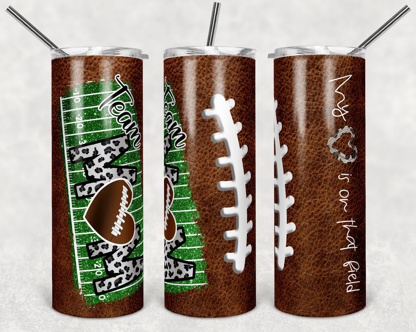 20 oz Skinny Tumbler Football Team Mom Heart on Field Leather Sublimation Design Template Design