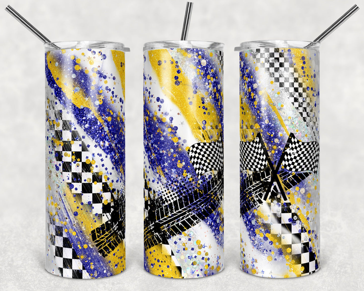 20 oz Skinny Tumbler Sublimation Design Racing Race Milky way Blue and Yellow Tumbler