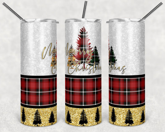 20 oz Skinny Tumbler Sublimation Design Template Glitter Plaid Trees Christmas Colors Straight Design